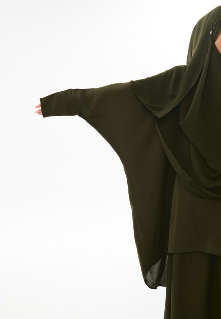 Kamilah: Two-Piece Abaya Set in Khaki Green with Matching Instant Shawl