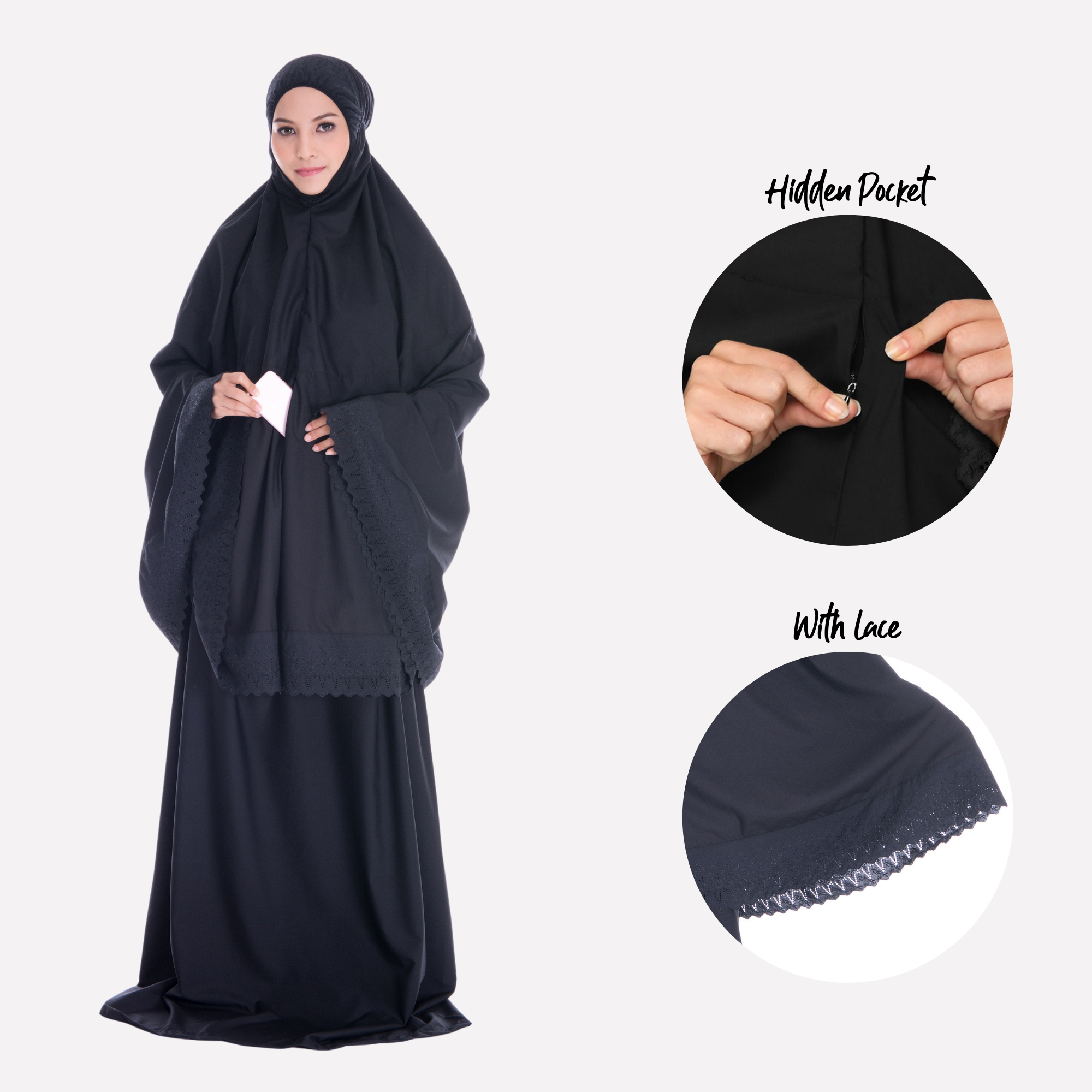 Telekung Soraya - Black (with Pocket)