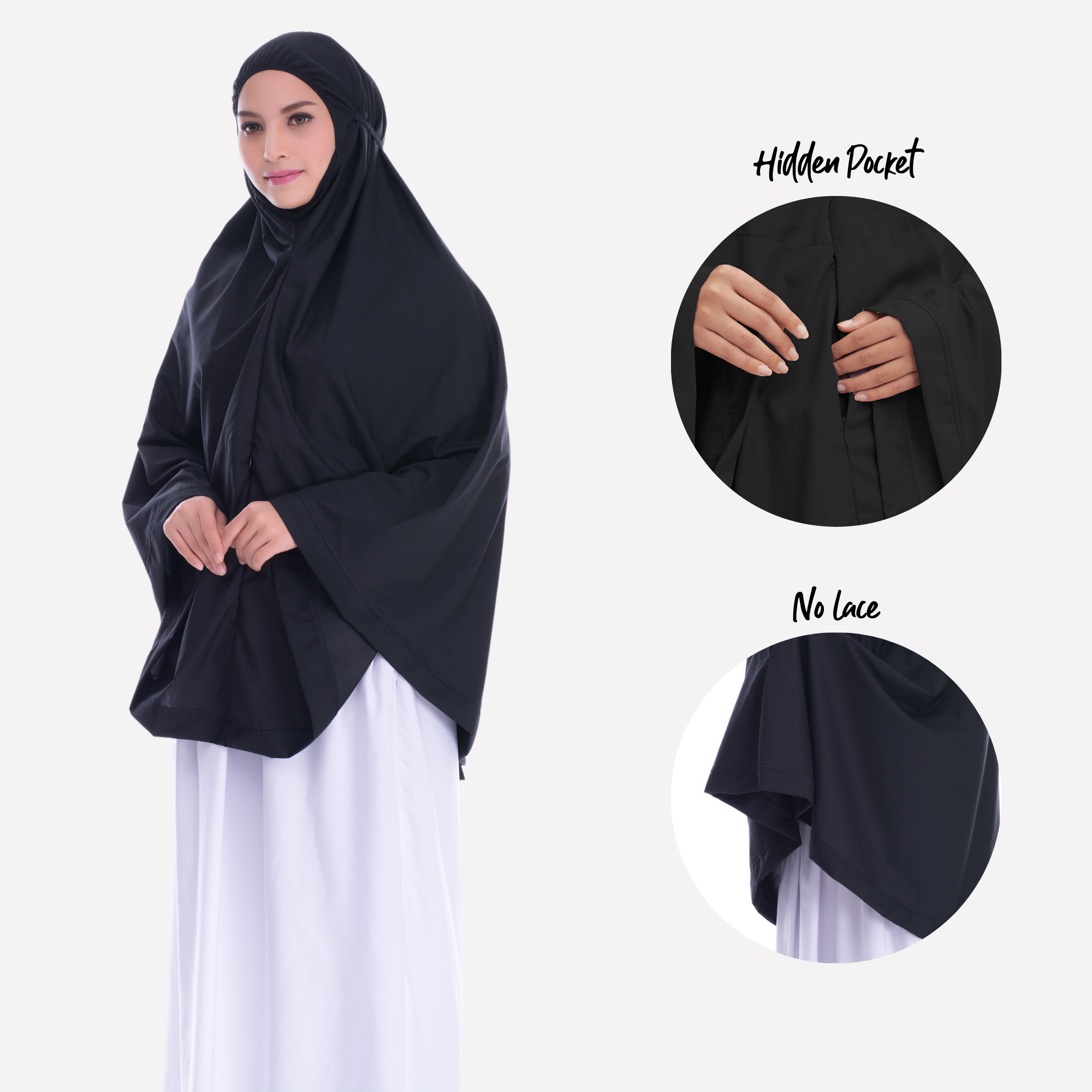 Telekung Mini Umrah Hitam Zaahara pandangan hadapan