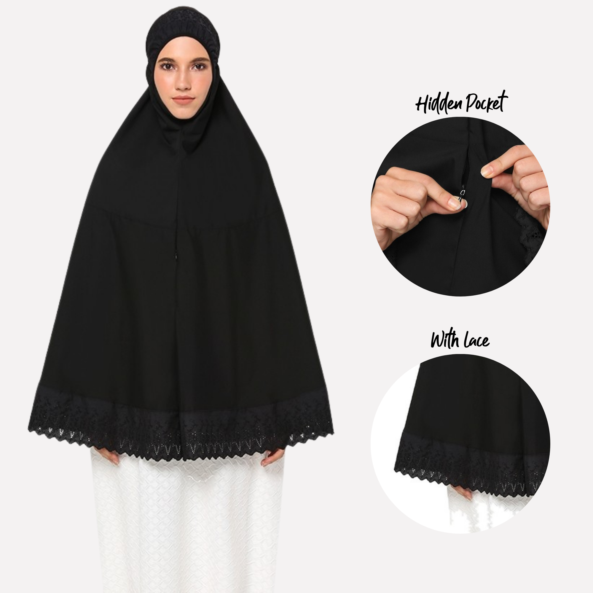 Telekung Mini Lace Umrah Zaahara warna hitam pandangan hadapan 