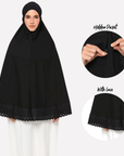 Telekung Mini Lace Umrah Zaahara warna hitam pandangan hadapan 