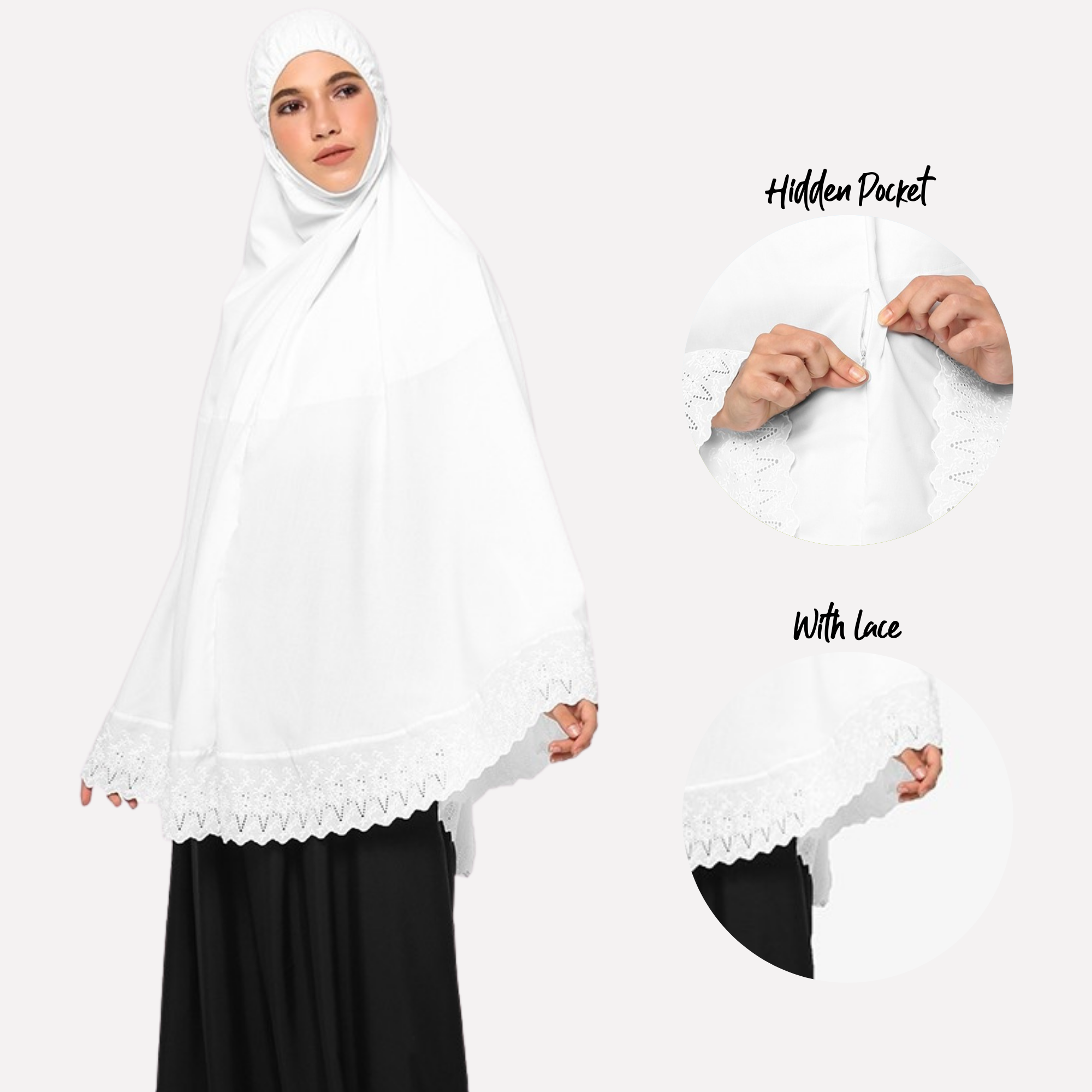 Telekung Mini Lace Umrah Zaahara pandangan hadapan