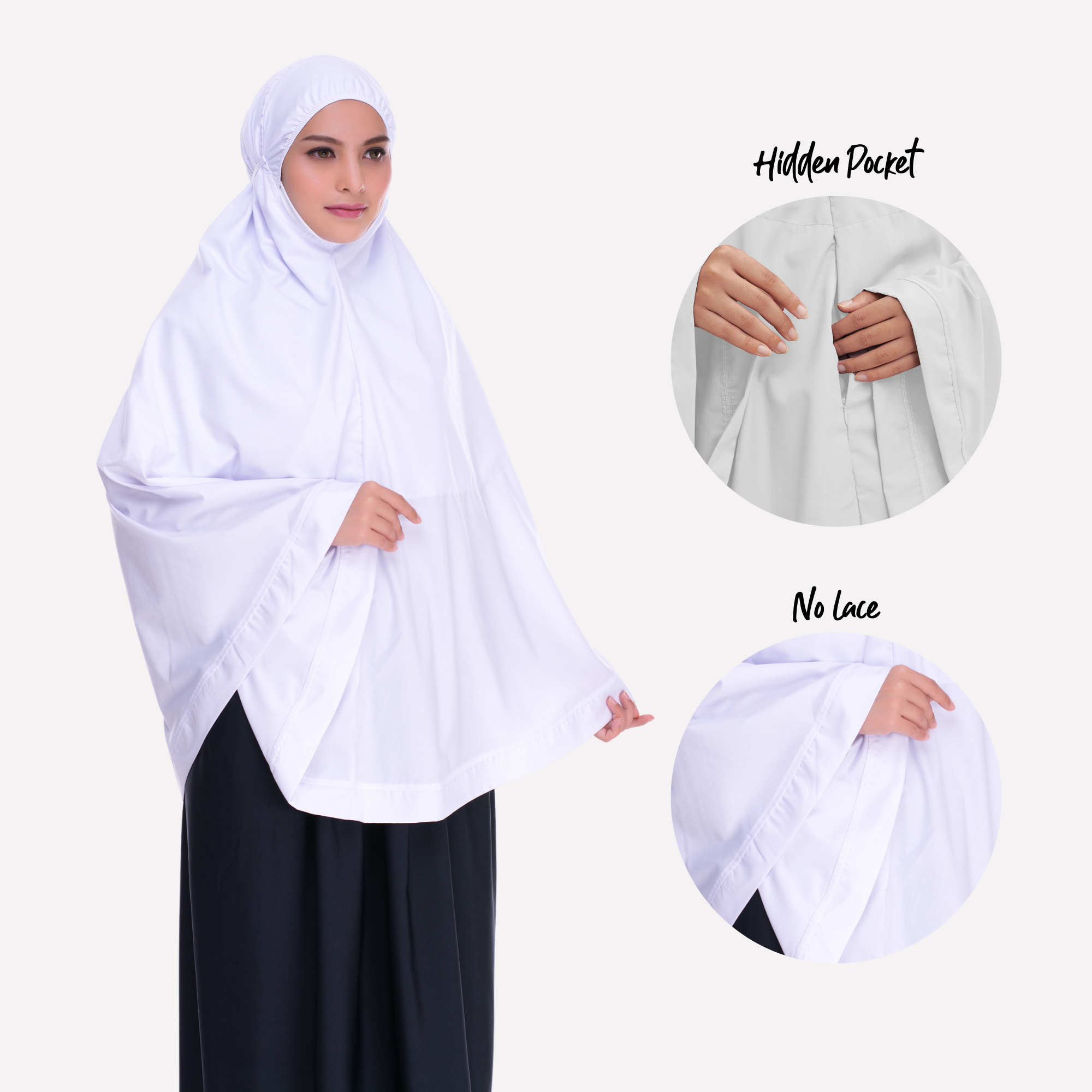 Telekung Mini Umrah Putih Zaahara pandangan hadapan