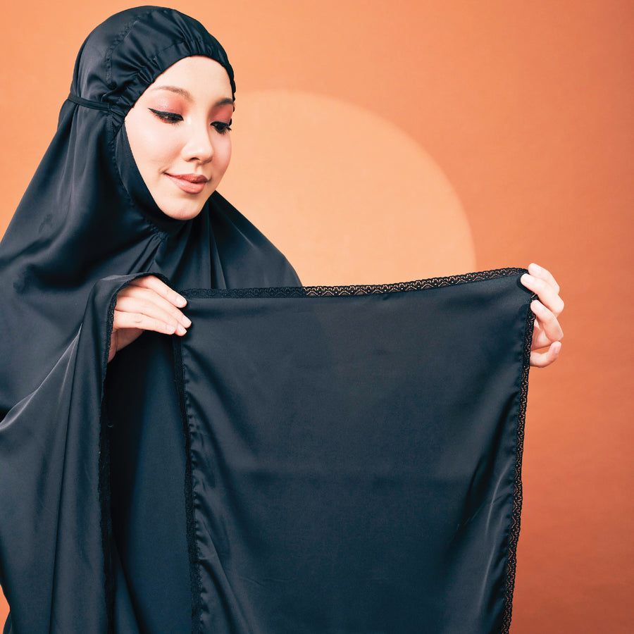 Khadeeja Sateen Prayerwear in Black - Telekung Satin