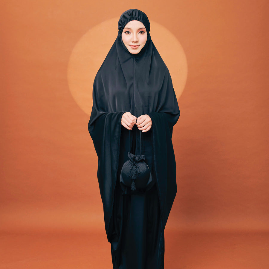 Khadeeja Sateen Prayerwear in Black - Telekung Satin
