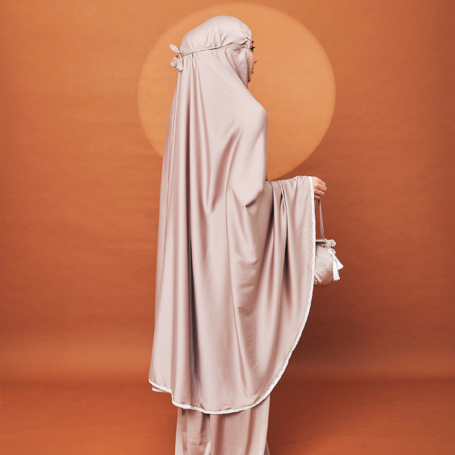 Khadeeja Sateen Prayerwear in Almond - Telekung Satin